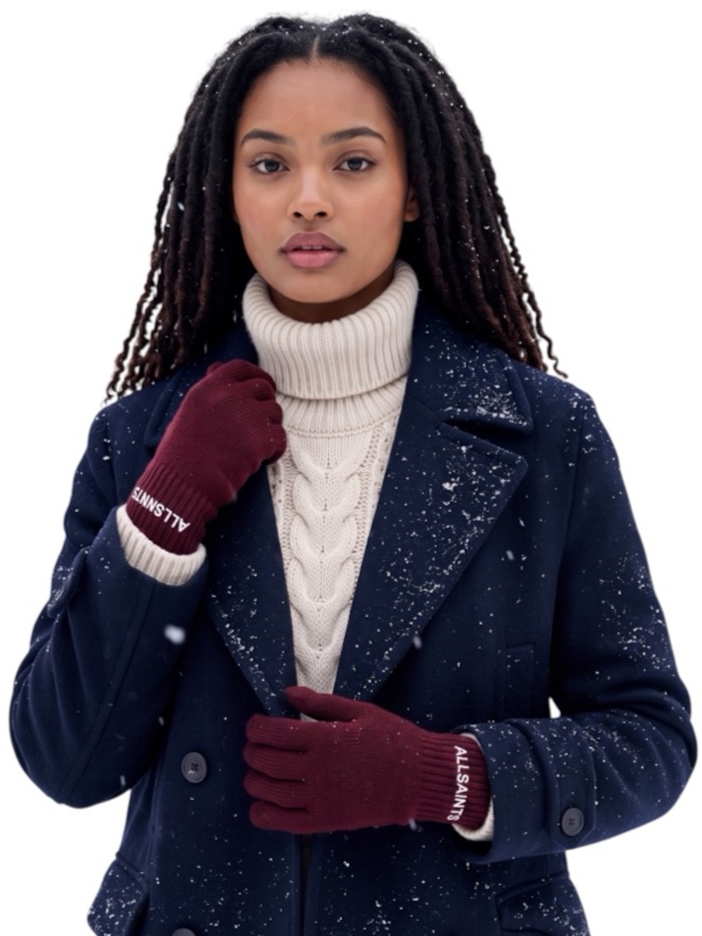 NWT AllSaints Women’s Burgundy Wool Blend Knit Touchscreen Logo Gloves OS
